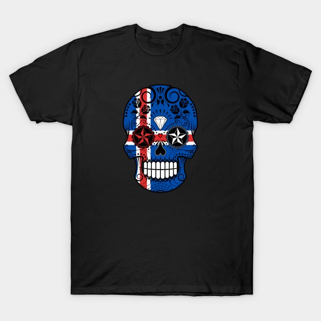 Icelandic Flag Sugar Skull with Roses T-Shirt by jeffbartels